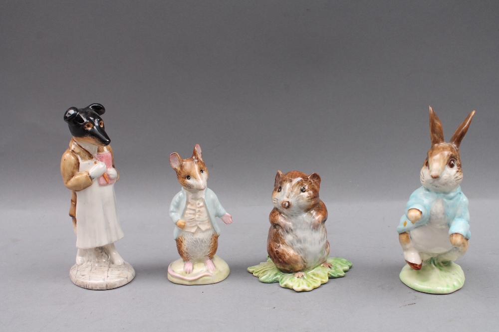 Four Beswick Beatrix Potter figures, brown back stamps: `Pickles`, `Peter Rabbit`, `Timmy Willie`,