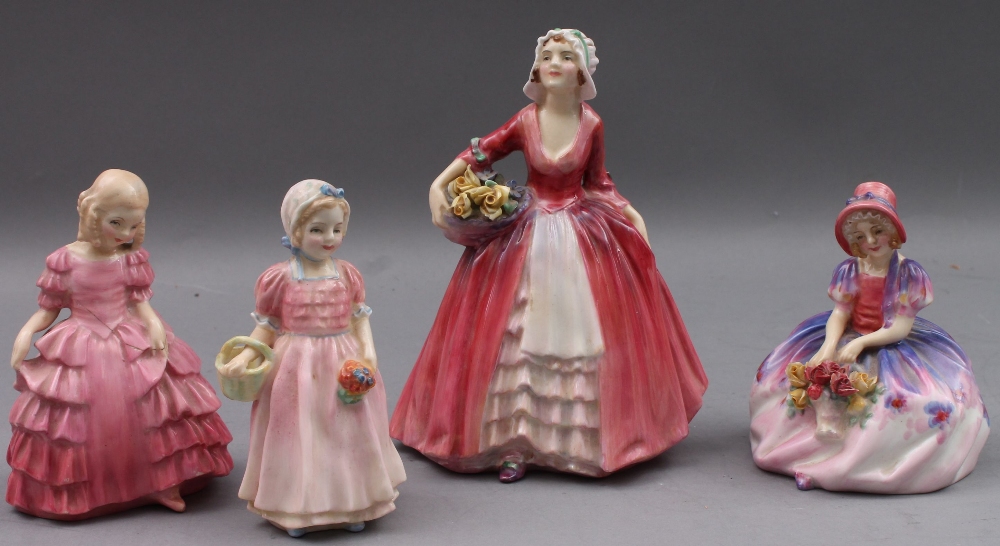 Four Royal Doulton figures: `Janet` HN 1537 16.5cm high; `Monica` HN 1467 11cm high; `Rose` a/f 12.