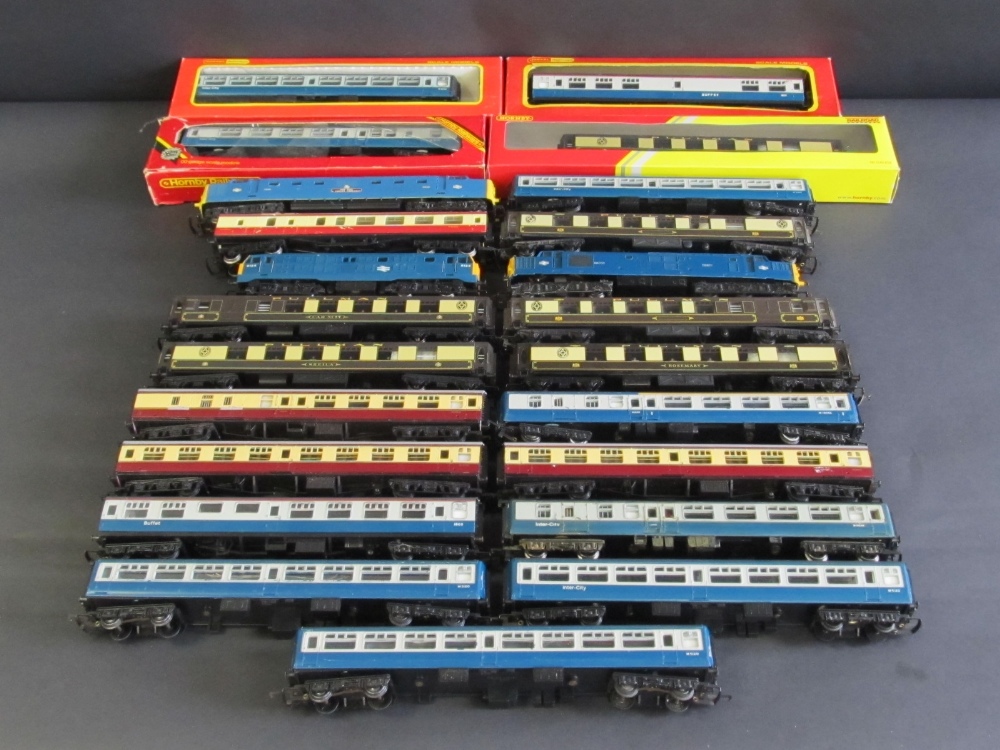 A collection of unboxed Hornby OO gauge to include three diesel locomotives, various Intercity and