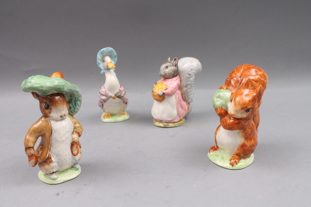 Four Beswick Beatrix Potter figures, brown back stamps: `Benjamin Bunny`, `Goody Tiptoes`, `Jemima