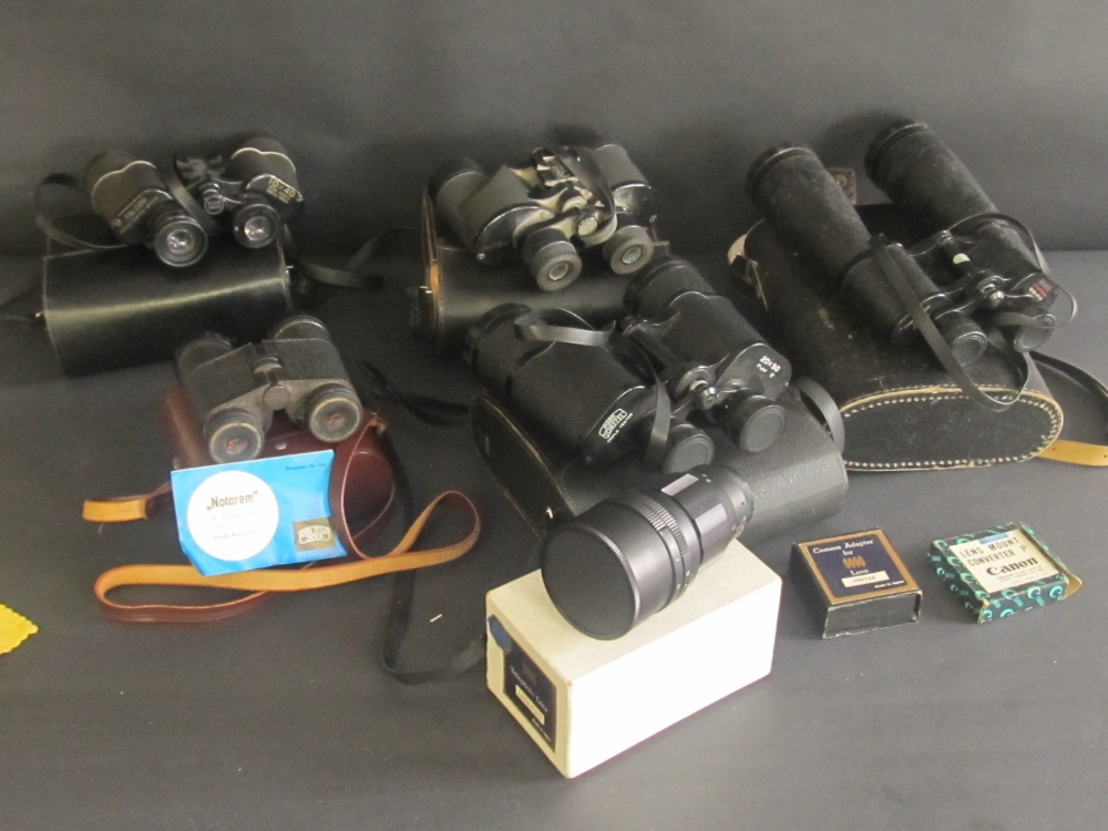 Five sets of various binoculars to include Carl Veitch mk2 25x50#, Mark Scheffel 20x50, Falcon