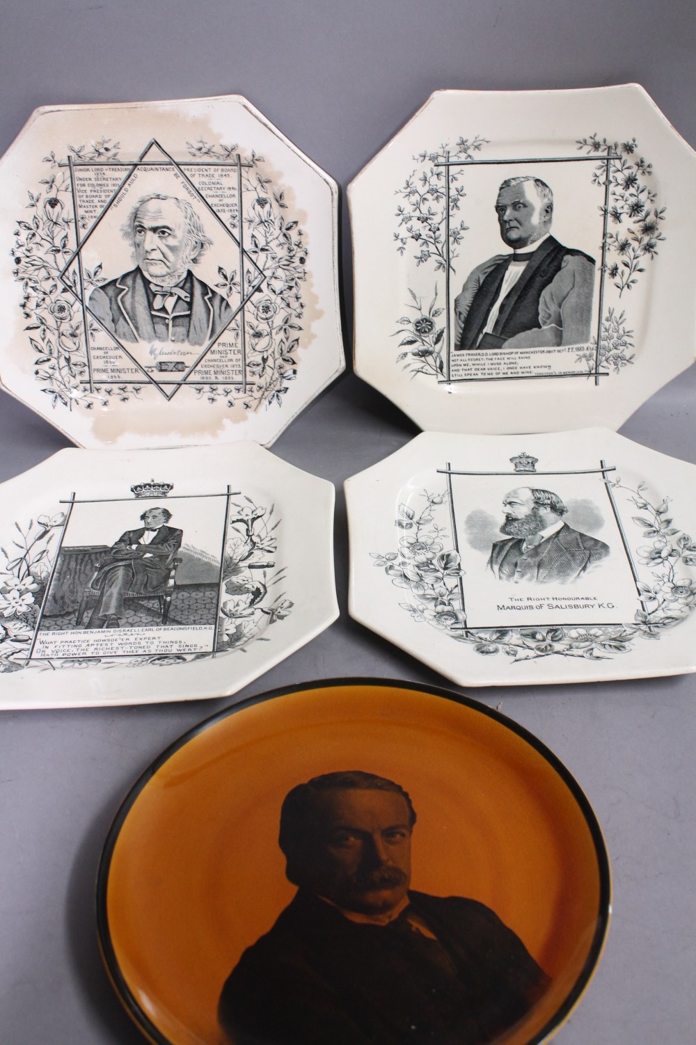 Four Victorian political octagonal plates to include Marquis of Salisbury, Bishop of Manchester,