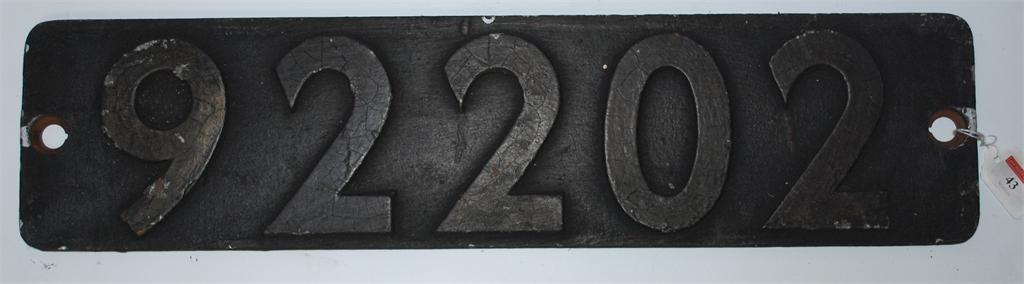 A locomotive smoke box number plate 92202 ex standard class 9F 2-10-0 engine tender