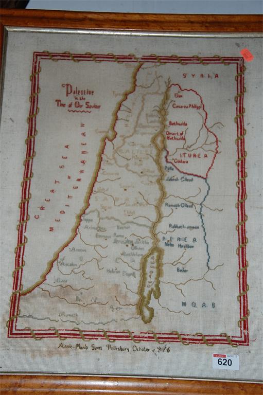 A Victorian needlework map sampler entitled Palestine on the time of our Saviour, by Annie Marie