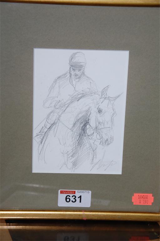 Jackie Jones - Horse with jockey up, pencil sketch; and one other (2)