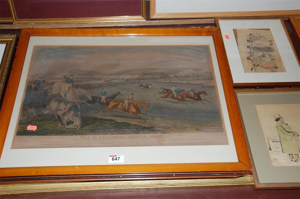 Assorted pictures and prints to include; humorous examples, The Vale of Aylesbury steeplechase