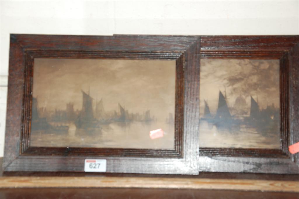 A pair of oak framed sepia maritime prints