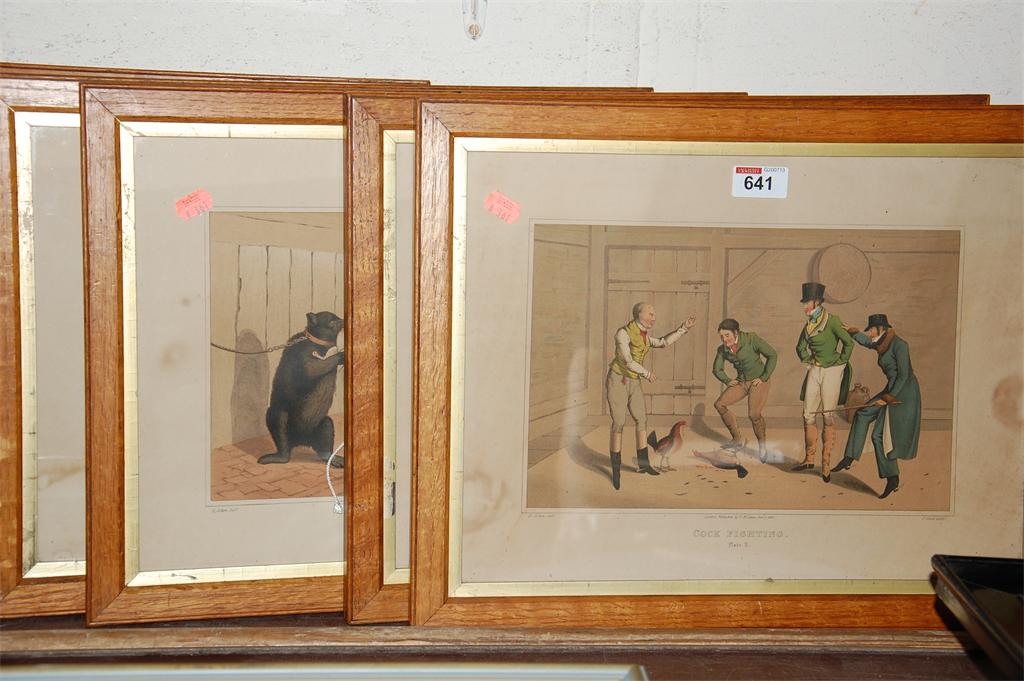 After Henry Alken - set of five oak framed coloured prints, entitled `Cock-Fighting` plates I and