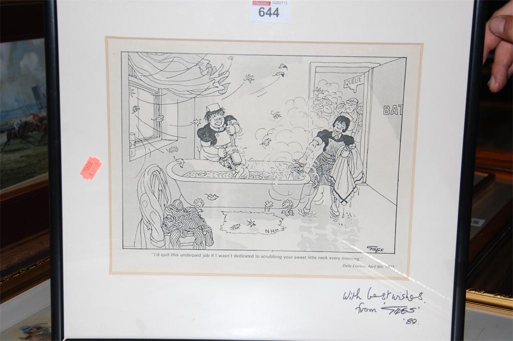 A framed Giles cartoon print, published in The Daily Express 9th April 1987, signed with `Best