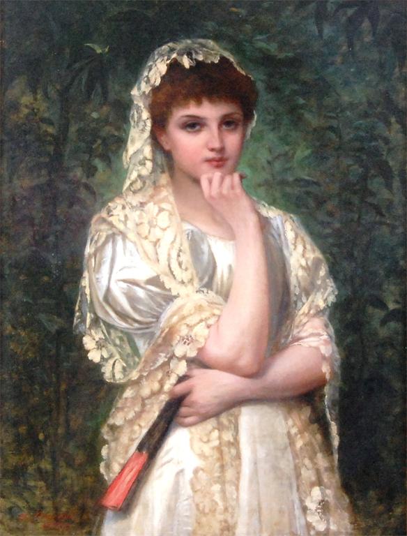Attilio Baccani (c1823-1906) - Three quarter portrait of a maiden holding a fan in a garden, oil
