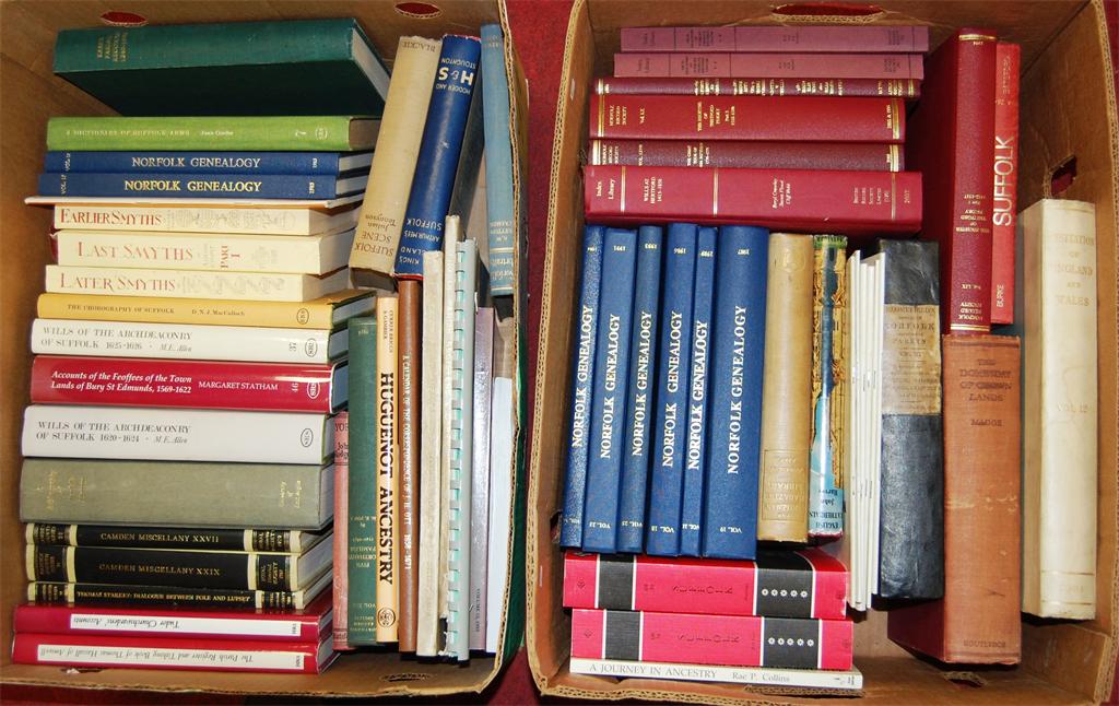 TWO BOXES, large collection of genealogical books mainly relating to Norfolk and Suffolk (58)