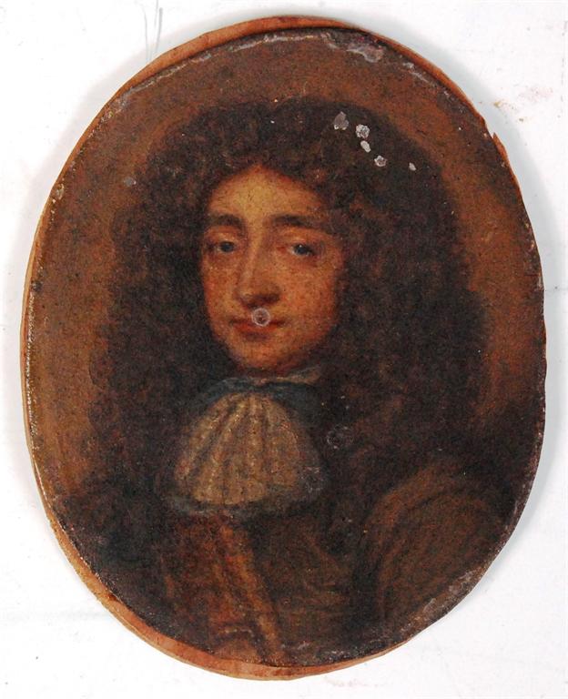 Late 17th century English school - Unknown gentleman wearing a silk ruff, portrait miniature, oil on