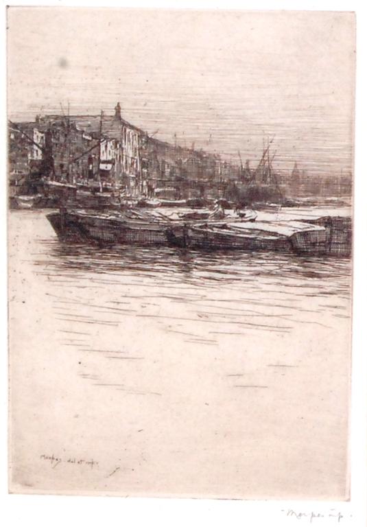 Mortimer Menpes RE (1855-1938) - Dumb barges for 'The Grey River', drypoint etching, signed in