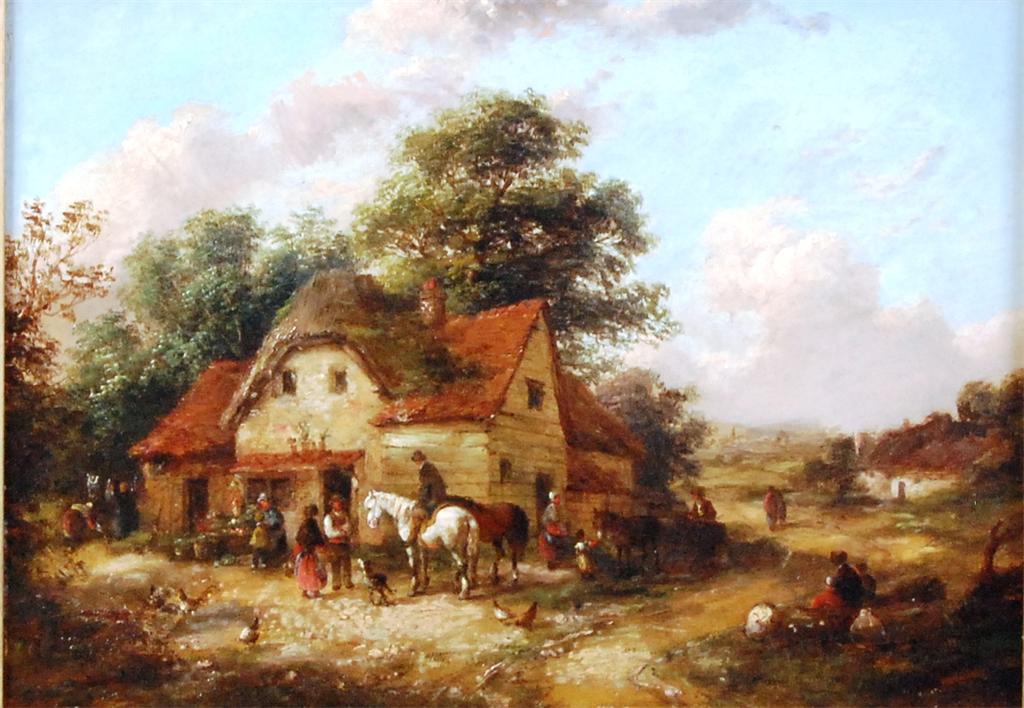 Attributed to George Lara (C19th) - Figures, horses and livestock outside a thatched house in a