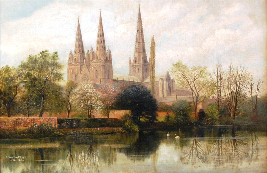 George Willis-Pryce (1866-1949) - Lichfield Cathedral from across the river, oil on canvas (re-