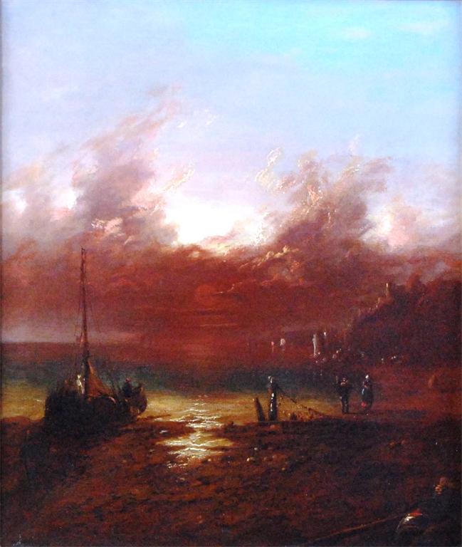 19th century English school - Bringing home the catch at sunset, oil on canvas (re-lined), 34.5 x