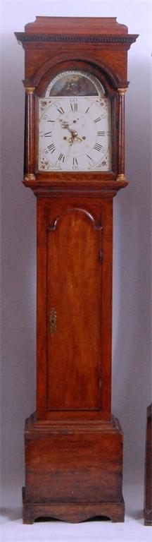 An 18th century oak longcase clock, the caddy top having dentil moulded cornice and three quarter