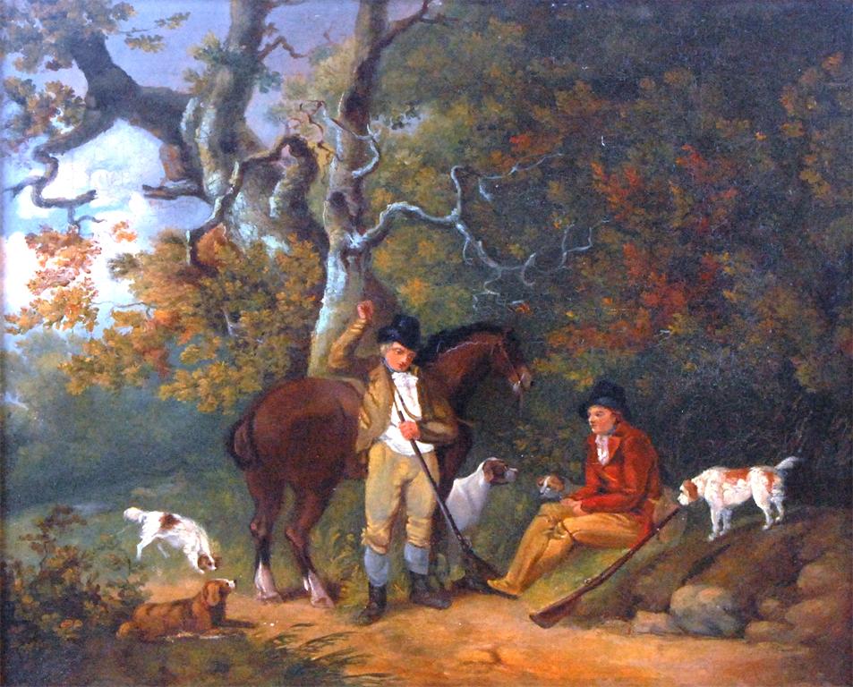 Circle of George Morland - Huntsmen with horse and hounds resting in a wooded landscape, oil on