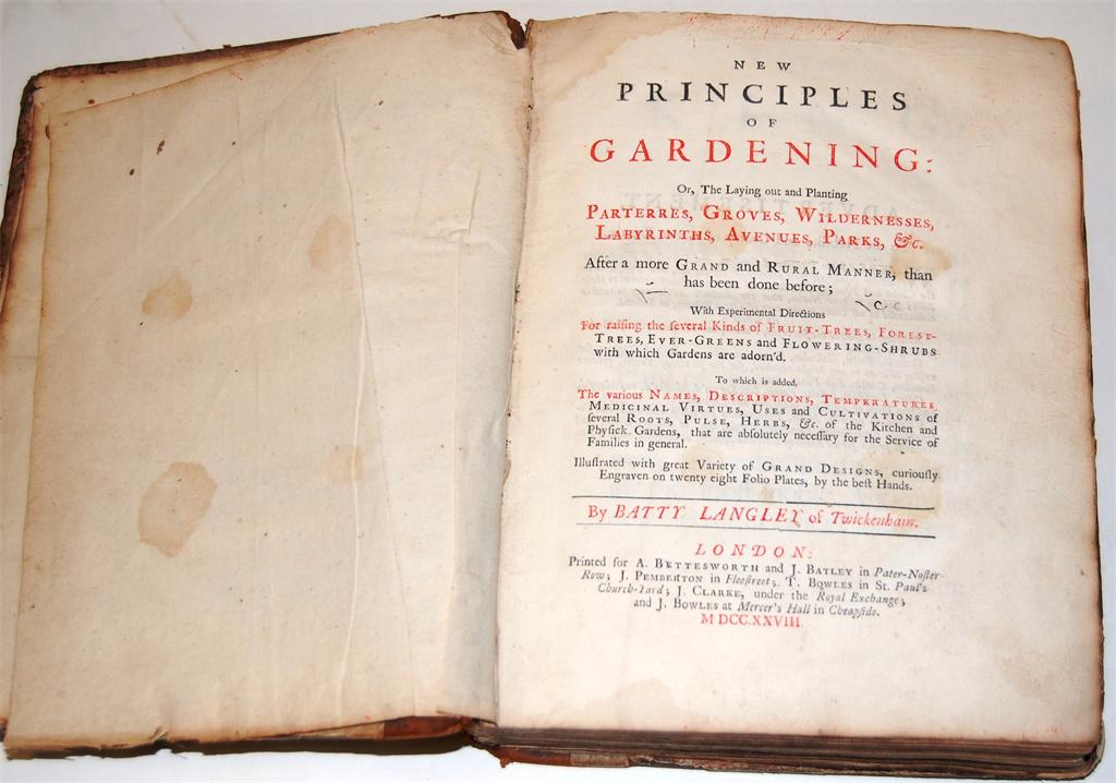 LANGLEY Batty, New Principles of Gardening, London 1728, 4to, very worn half leather, 2 of 28 plates