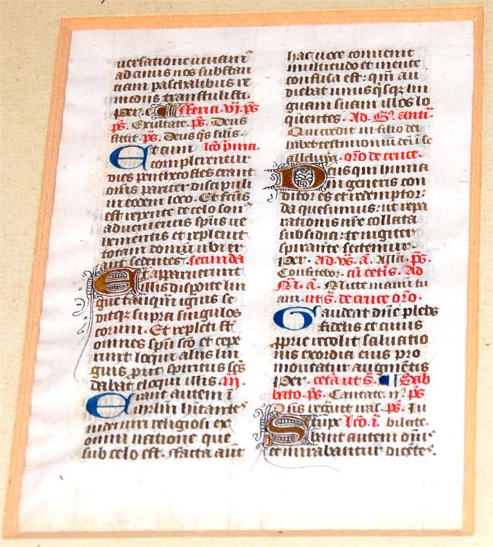 Leaf from a 14th century French breviary, framed and glazed, Latin text with illuminated letters,