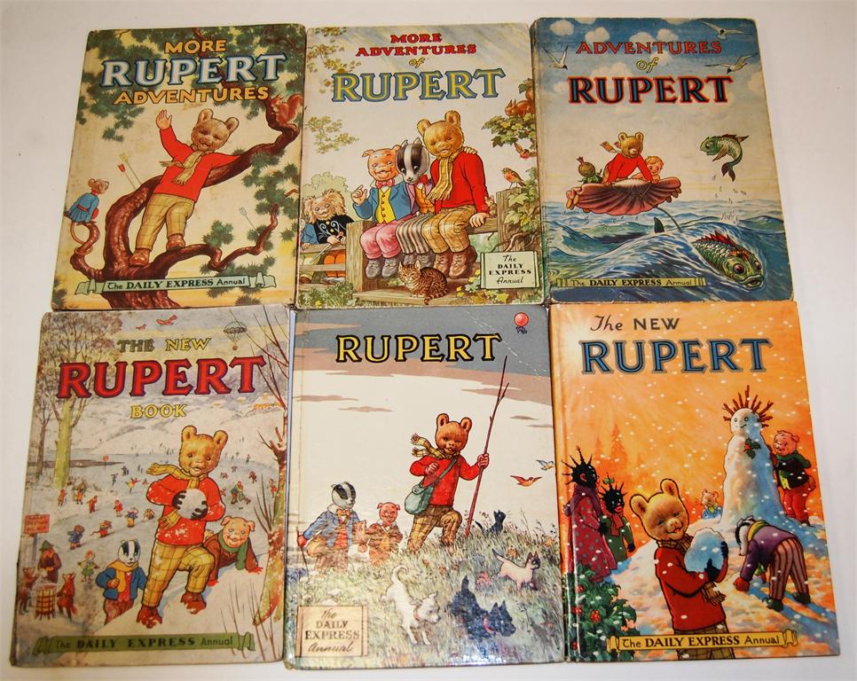 Rupert annuals 1950 to 1955 inclusive, first editions, signs of inscription erasure 1950 and