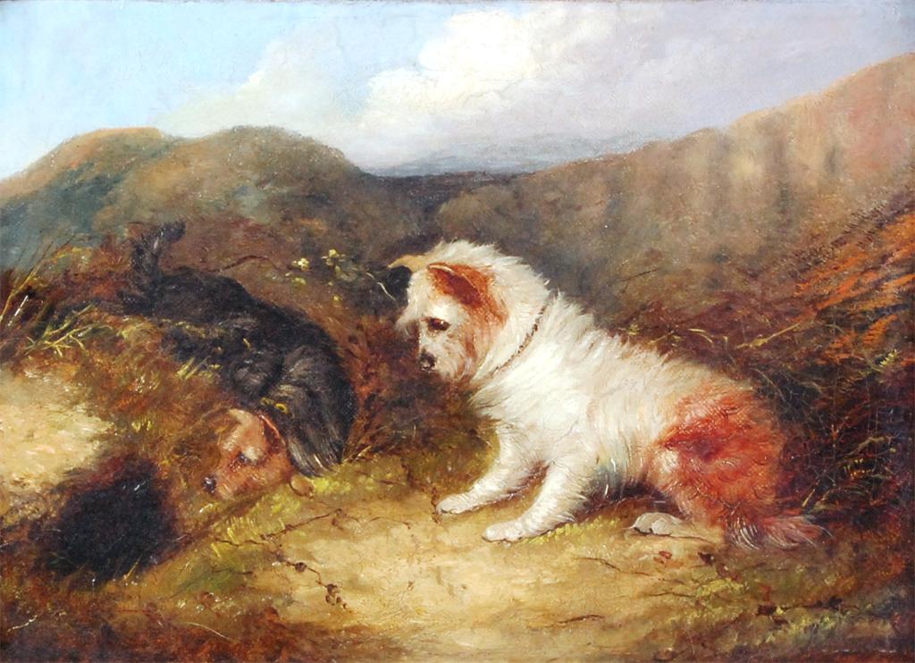 Follower of George Arnfield (1808-1893) - Terriers ratting, oil on canvas, 25.5 x 35.5cm