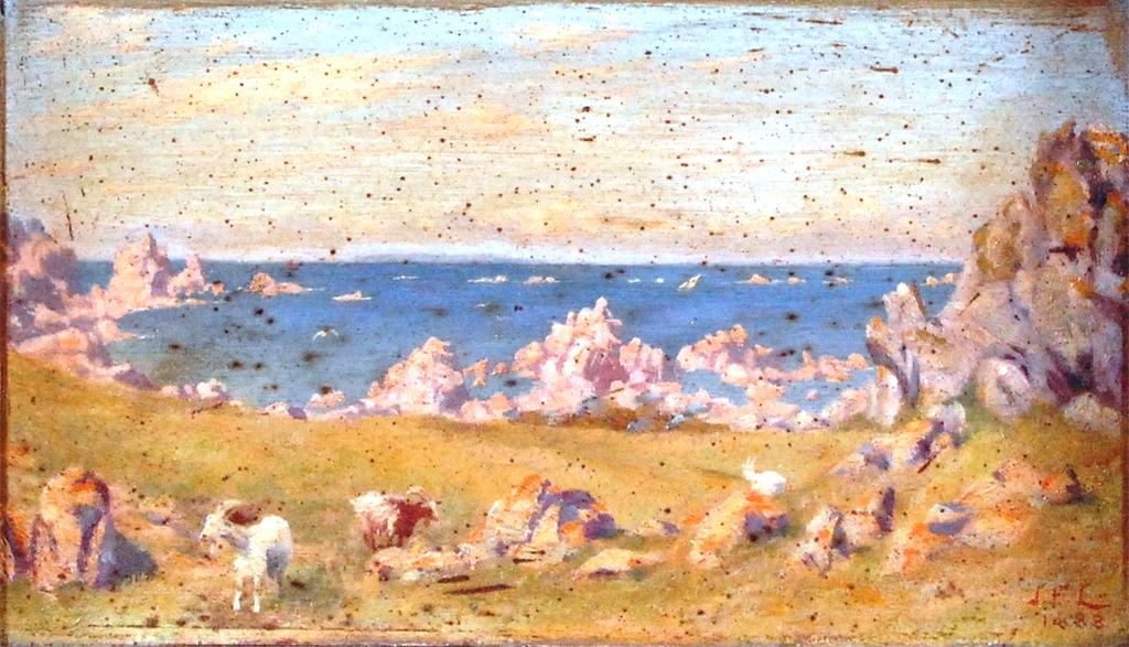 Late 19th century British school - Goats grazing by a rocky coastline, oil on board, monogrammed