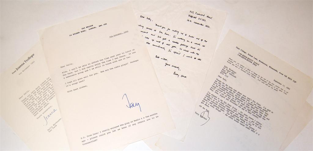 Signed typescript letters from Terry PRATCHETT (8), Fay WELDON (5), Joanna TROLLOPE (2), and an