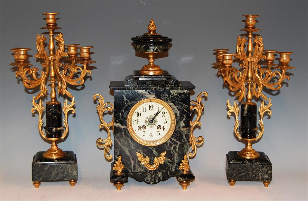 **NEW LOT** A circa 1900 variegated green marble and gilt metal three piece clock garniture, clock