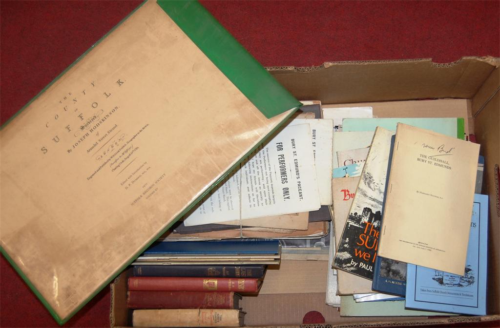 BOX, reprint HODKINSONs map of Suffolk 1972, books and ephemera mainly relating to Bury St Edmunds