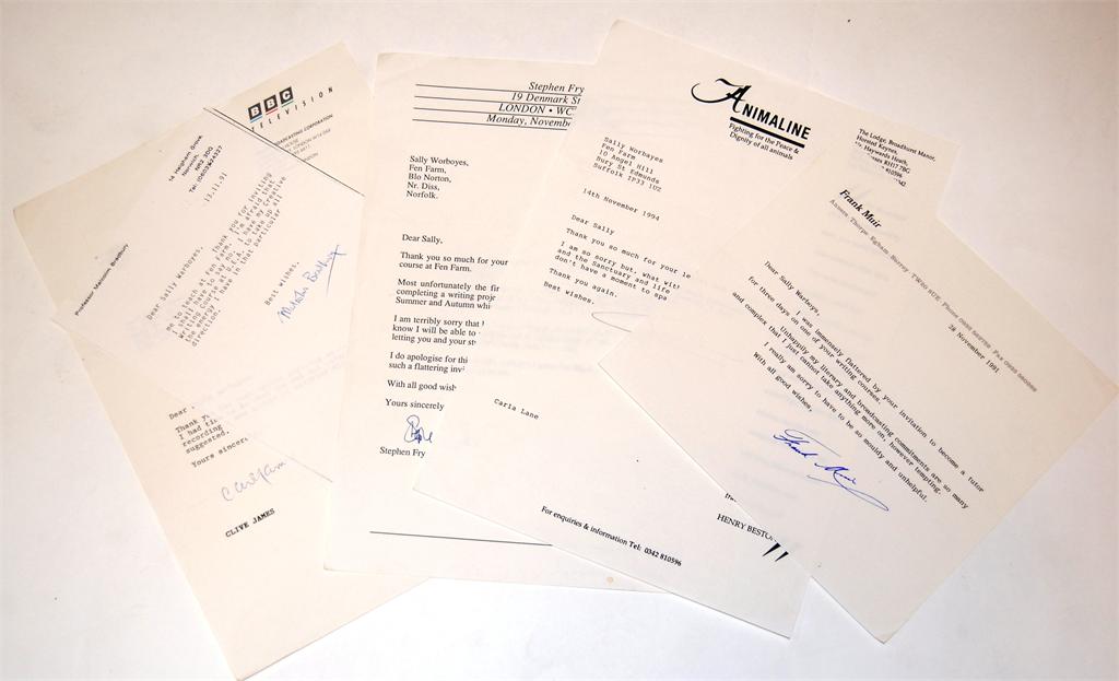 Signed typescript letters from Frank MUIR, Carla LANE, Stephen FRY, Clive JAMES, Malcolm BRADBURY,