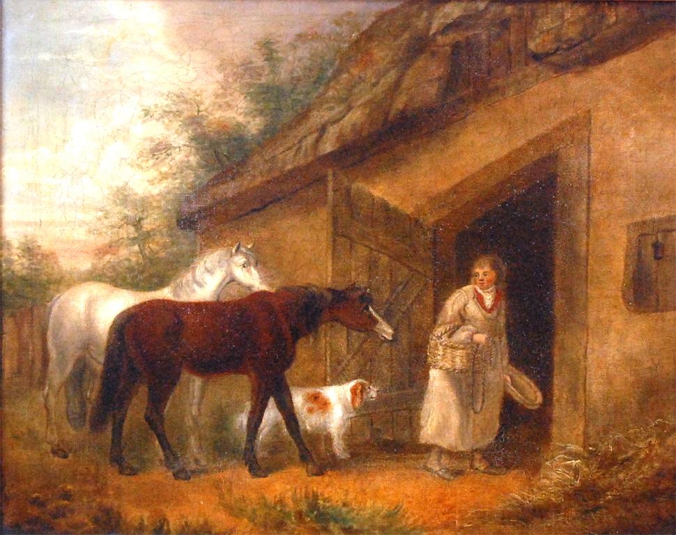 Circle of George Morland - Feeding time, oil on canvas (re-lined), 39 x 49cm