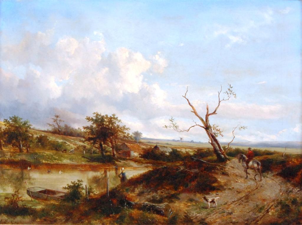 Attributed to Joseph Thors (1835-1898) - Extensive river landscape with figure on horseback, animals