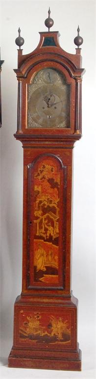 An early 18th century chinoisserie red lacquered longcase clock, having a pagoda top, three