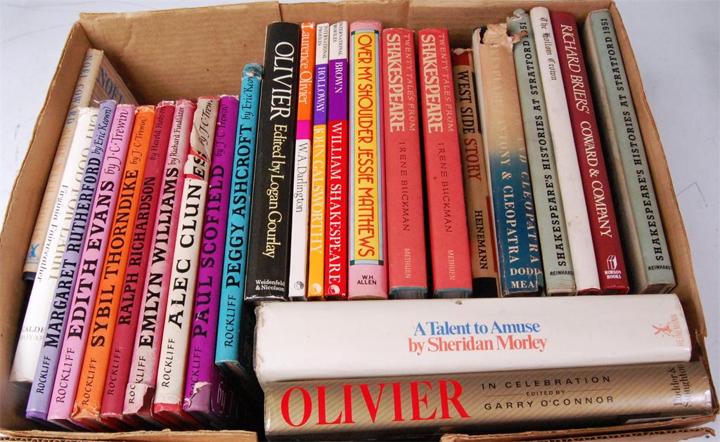 Two boxes, large collection of actor biographies and theatre related books including several