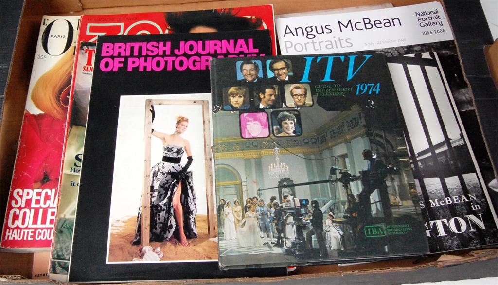 Box, magazines including Harpers and Vogue, and other material featuring Angus McBeans' work or