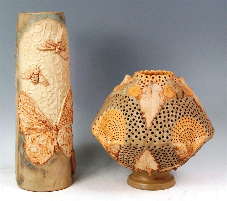 A Bernard Rooke stoneware vase, having typical applied butterfly and lotus decoration, monogrammed