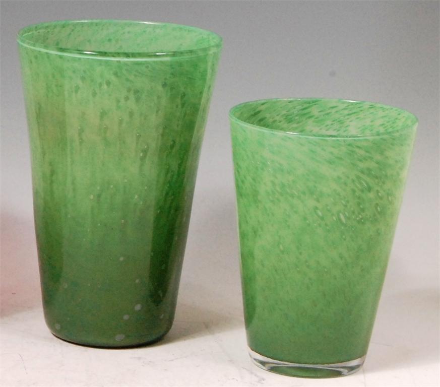 Two similar 1960s studio glass vases, each having cased green mottled decoration and of