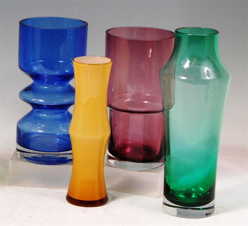 A Riihimaki tinted blue glass vase, of circular form with pinched centre section, h.20cm; together