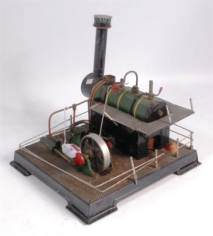 Proprietary made toy shop steam plant, spirit fired boiler on tin plinth with safety whistle, take