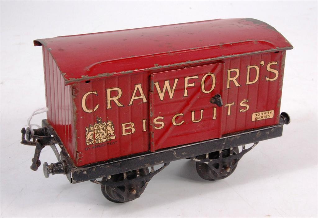 Hornby 1925-8 Crawford's Biscuits van on type 2 base with red body and roof, missing a door handle