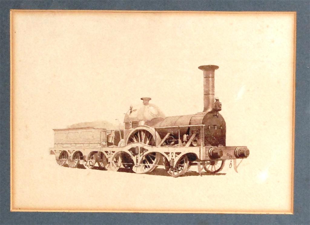 Framed/glazed watercolour of a GW broad gauge 2-2-2 early locomotive and tender with haystack boiler