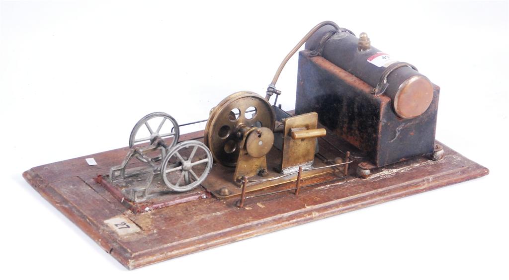 For restoration, wood base with horizontal boiler, single oscillating cylinder engine, brass