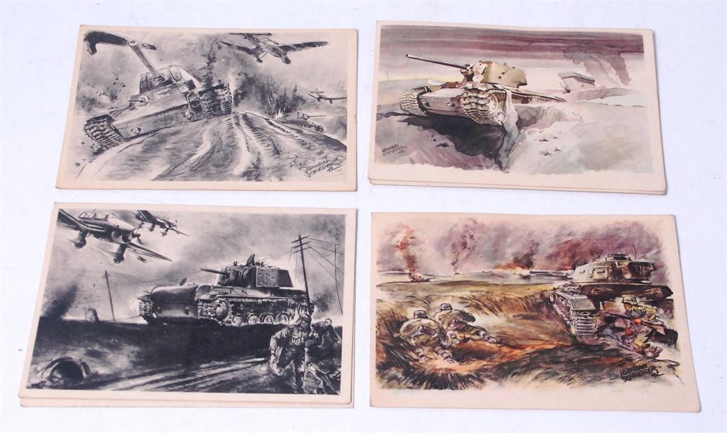 18 various wartime (WWII) unused postcards by Erich Gutjahr of Berlin, tank battles, countryside,