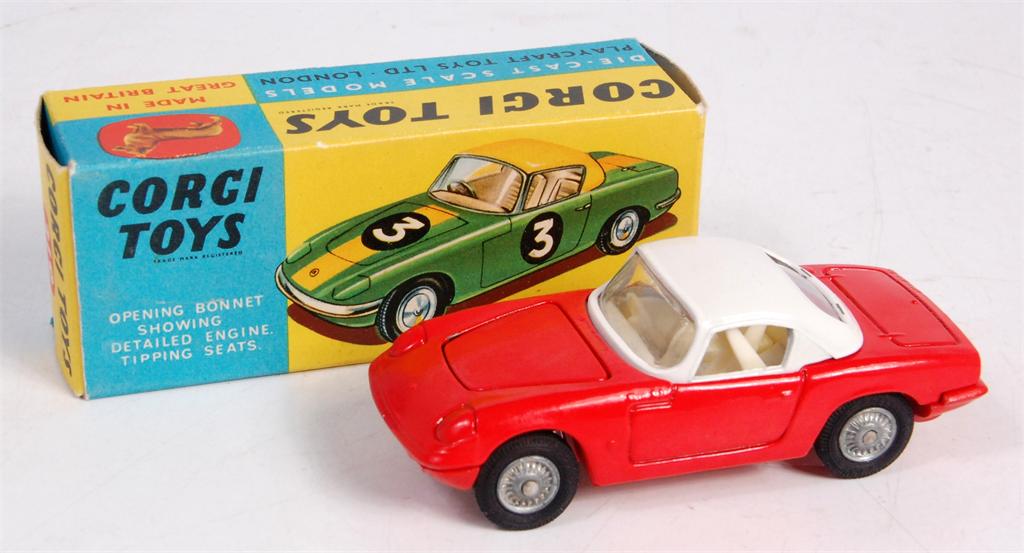 Corgi Toys, 319 Lotus Elan 52 hardtop coupe in red with white top and cast hubs, sold with