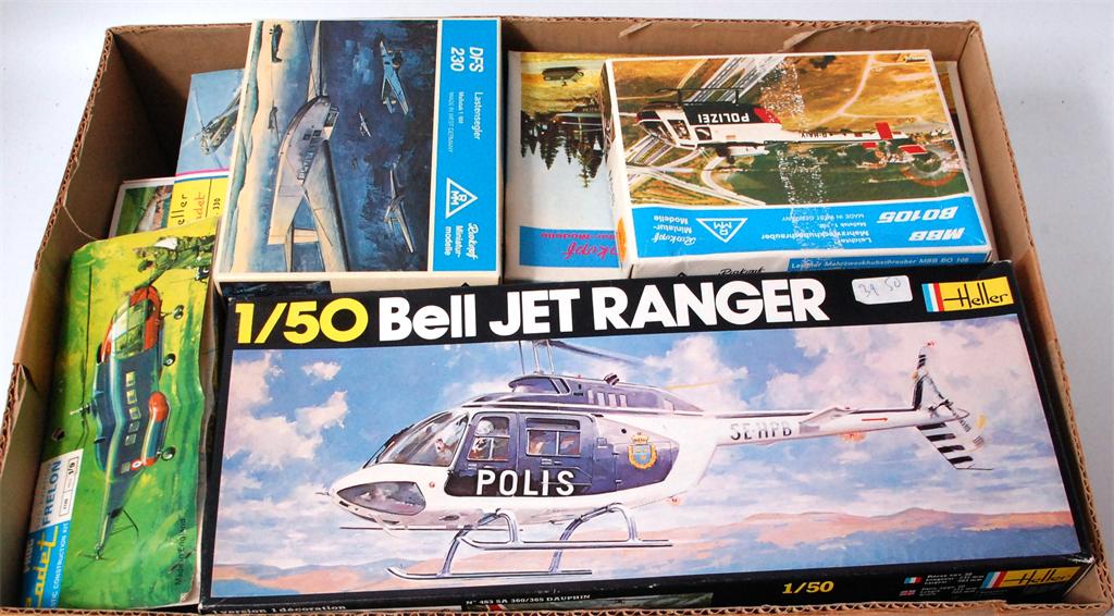 27x assorted 1/100, 1/76, 1/50 and 1/32 scale helicopter/aircraft kits by Heller, Frog, Roskopf etc,