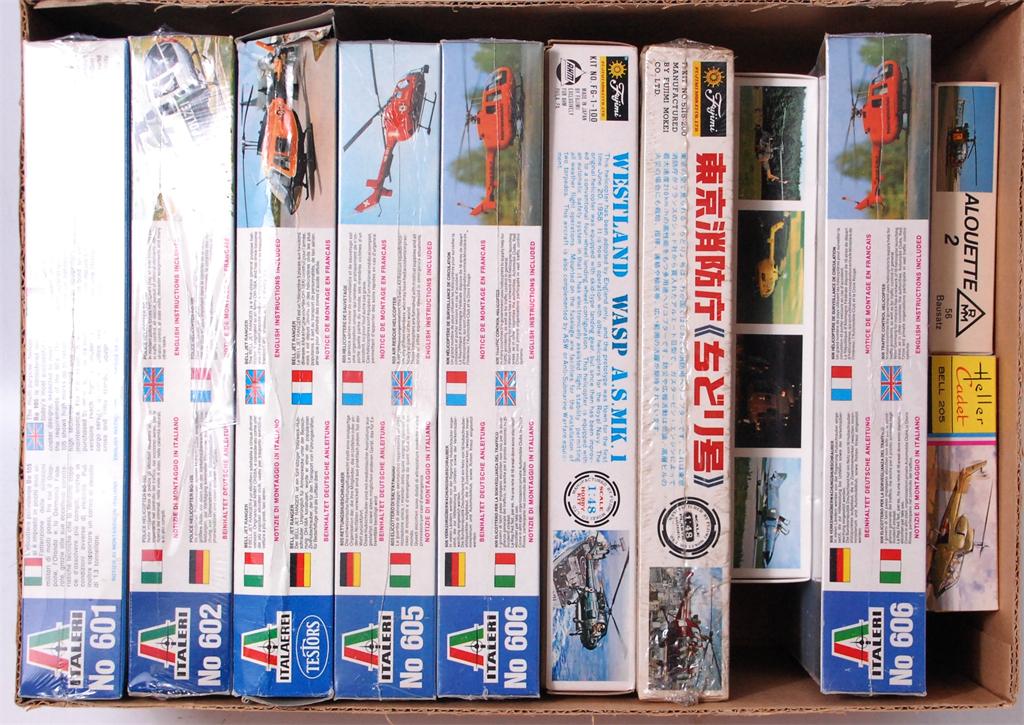 11x 1/72, 1/48 and 1/100 scale plastic helicopter kits by Italeri, Fujimi, Heller, Roskopf, all
