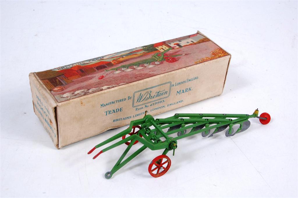 Britains Farm, 138F, four farrow tractor plough with positional adjustment, circa 1955, green,