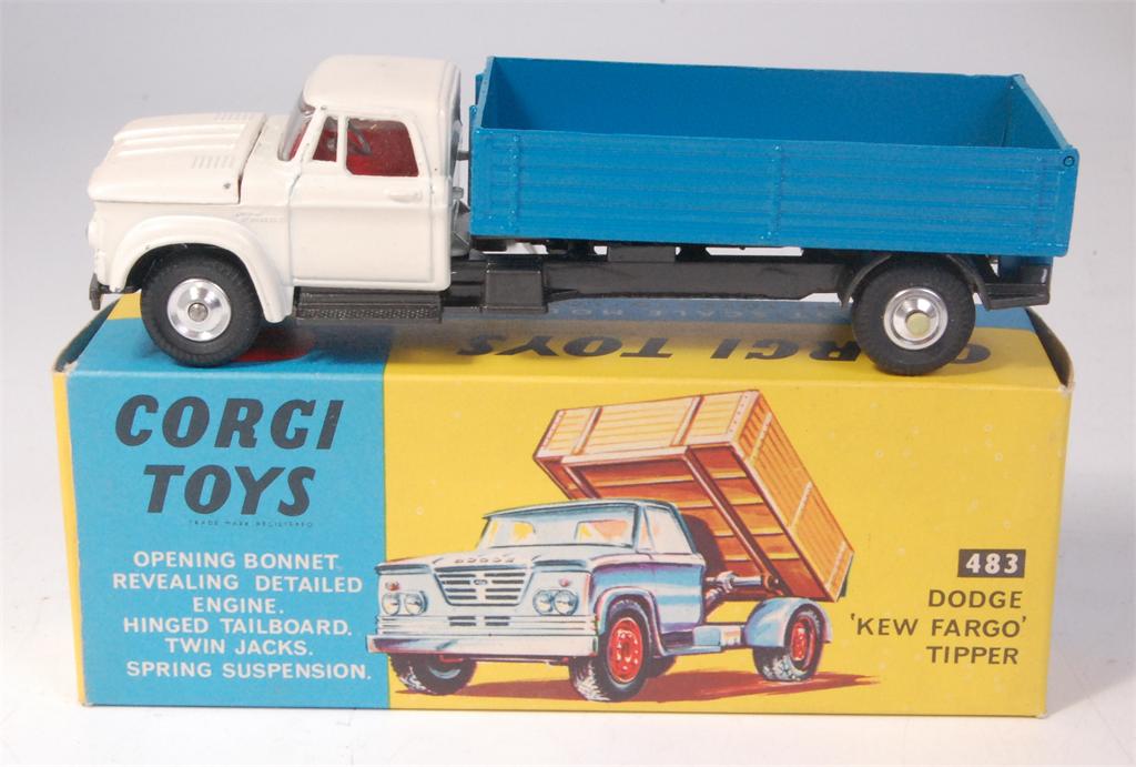 Corgi, 483 Dodge Kew Fargo tipper with white cab, blue tipper and grey chassis, little sign of