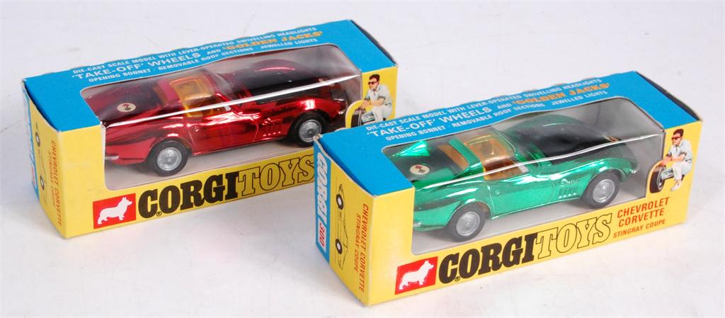 Corgi Toys, 300 Chevrolet Corvette Stingray with golden jacks and take-off wheels, in metallic green